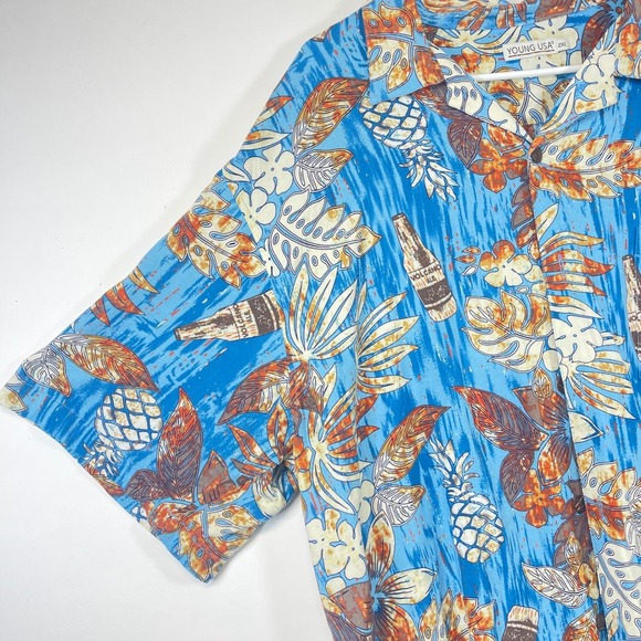 Young USA Mens Hawaiian Shirt 2XL Blue Tropical Beer Pineapple Floral - Picture 1 of 9